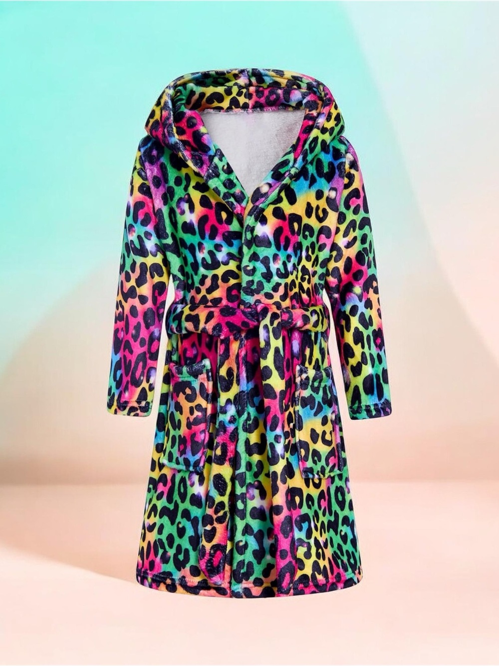 Kids Rainbow Leopard Hooded Bathrobe - Cozy Plush Robe